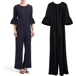 Marina Ruched Bubble Bell Sleeve Collarless Cocktail Jumpsuit Black Size 4